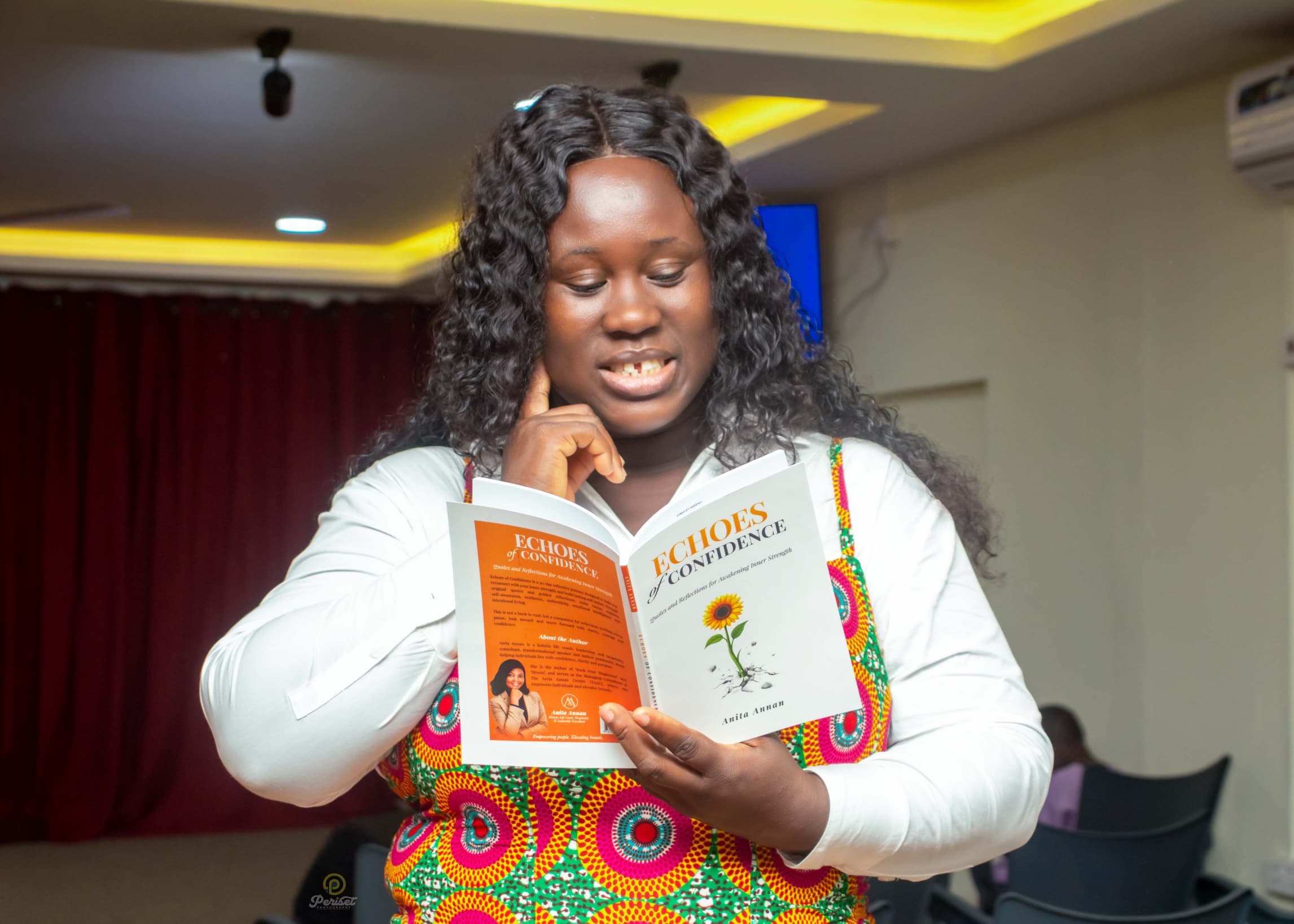 Author Anita Annan with Echoes of Confidence at a church event